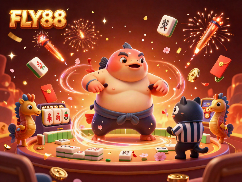 Experience the vibrant energy of FLY88 with a dynamic underwater casino scene featuring a fugu and catfish referee.