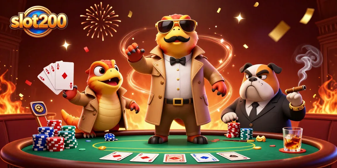 Raih keberuntungan dengan slot200, ilustrasi tiga raptor dalam jas memasuki lounge kasino VIP.