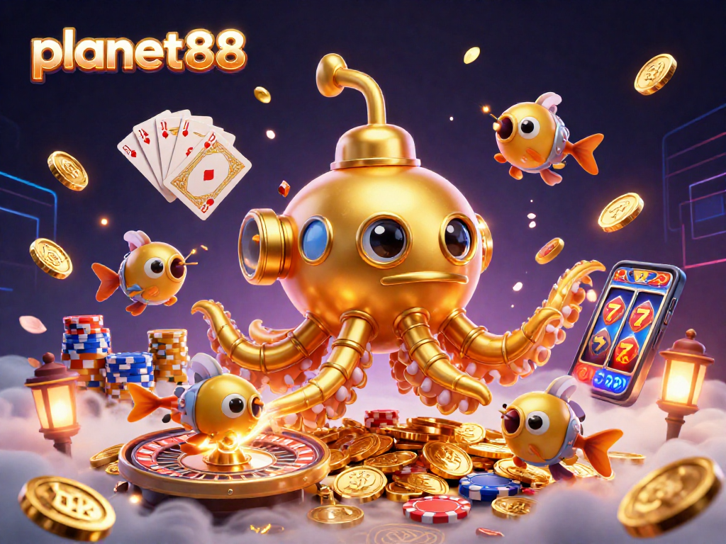 Join the excitement at planet88, where a golden kraken submarine emerges from coins amid dazzling casino elements.