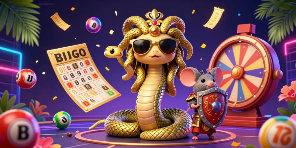 Engage with bujang toto through this vibrant casino illustration, showcasing dynamic lottery elements and a friendly Medusa.