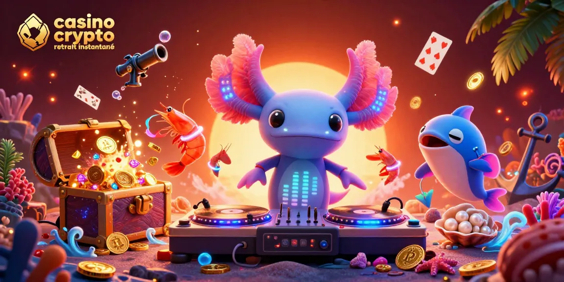 Illustration dynamique de casino crypto retrait instantané avec DJ axolotl et pièces de monnaie scintillantes