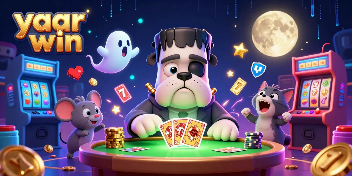 Play cards with yaar win characters in a vibrant casino scene filled with slots and neon arcade elements.