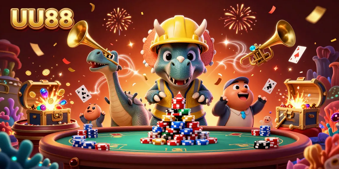 Engage with UU88's dynamic casino experience featuring triceratops and poker elements.