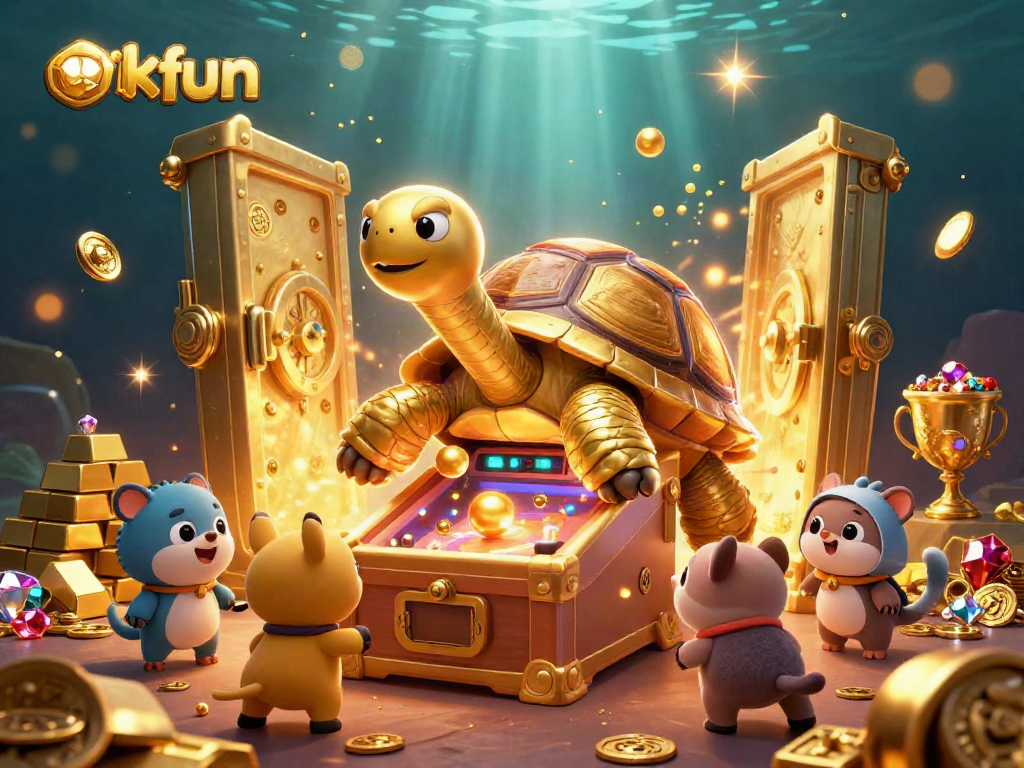 Engage with exciting slot games and golden treasures in okfun's vibrant 3D illustration.