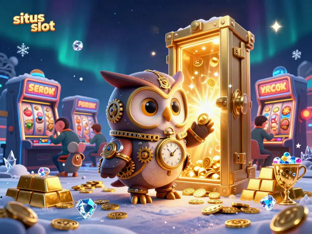 Win big at situs slot with a time-traveler owl and clockwork mouse in a vibrant casino.