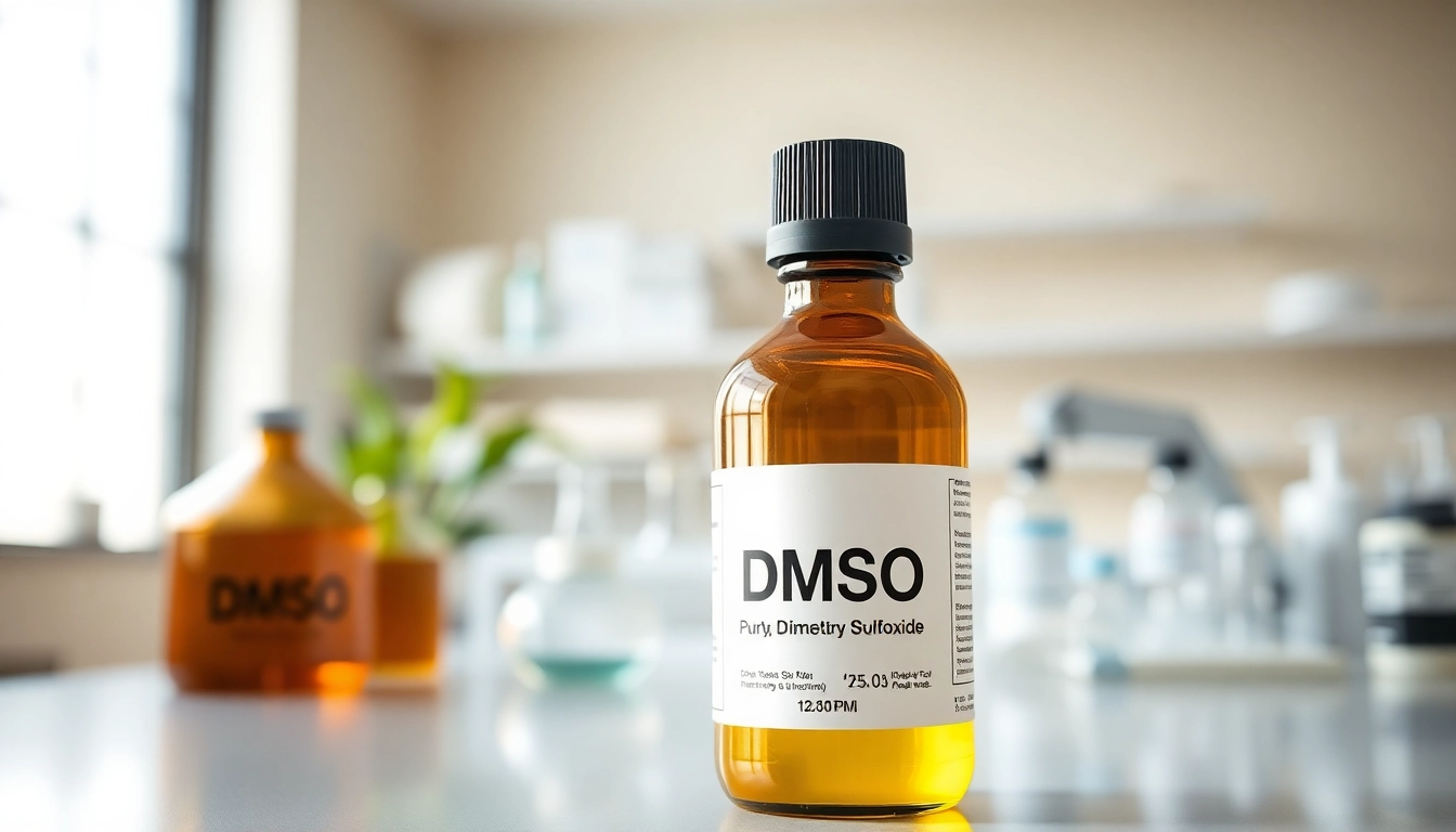 DMSO Store Inc. product bottle in a modern laboratory showcasing high-quality dimethyl sulfoxide.