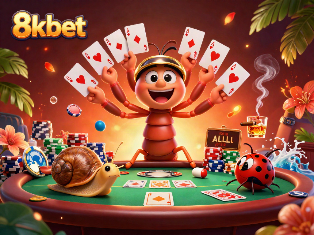 Experience thrilling 8kbet gaming with colorful cards, chips, and dynamic characters in a vibrant casino scene.