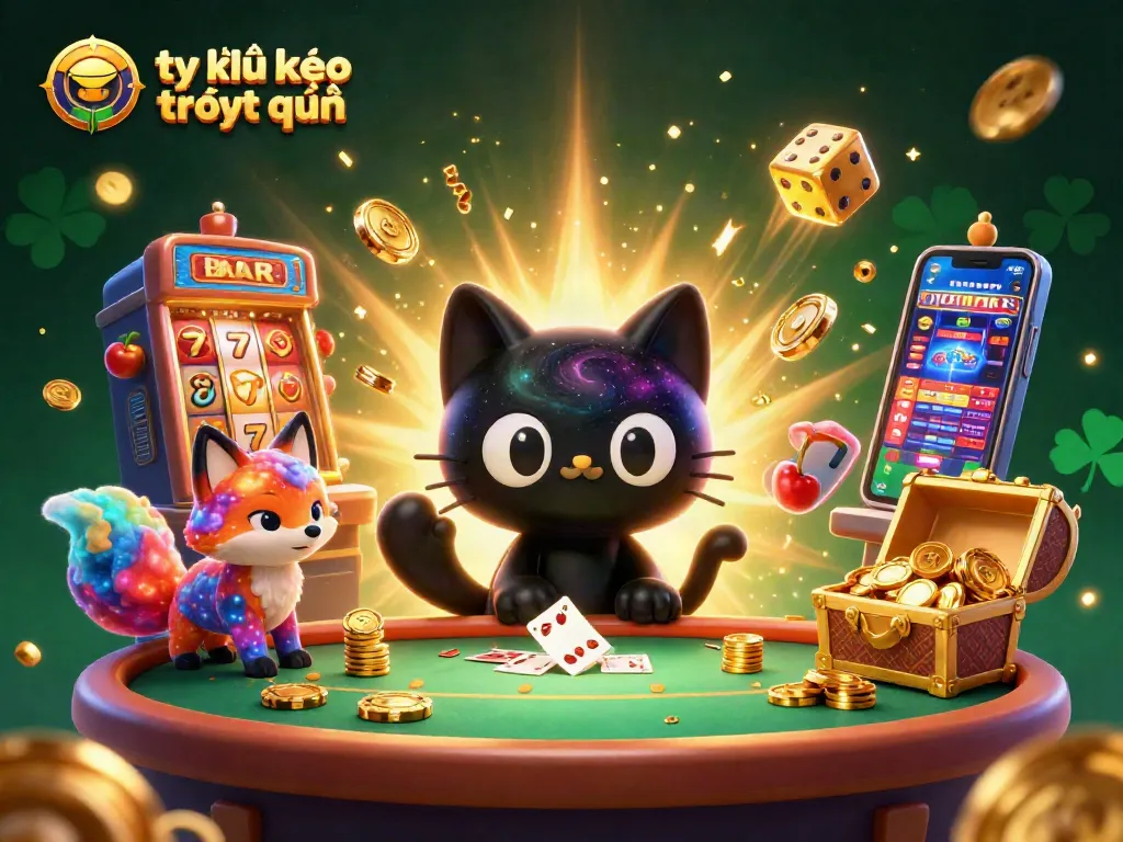 Play exciting casino games with tỷ lệ kèo trực tuyến, featuring a cosmic scene with a black hole cat and slot machine.