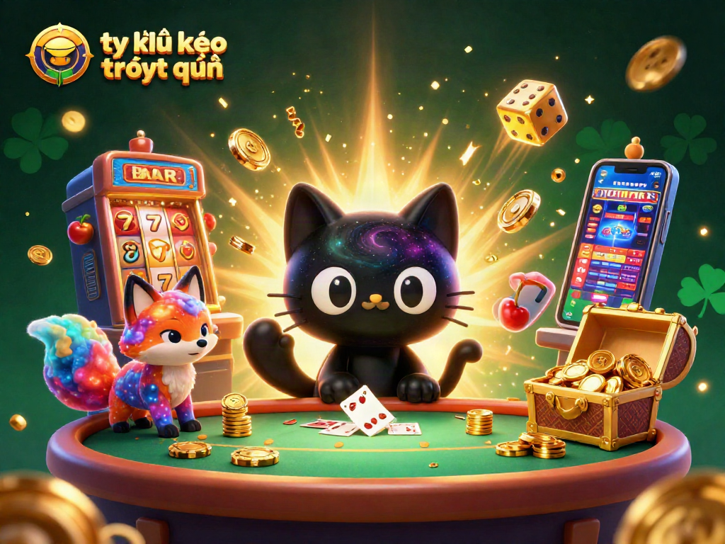 Play exciting casino games with tỷ lệ kèo trực tuyến, featuring a cosmic scene with a black hole cat and slot machine.