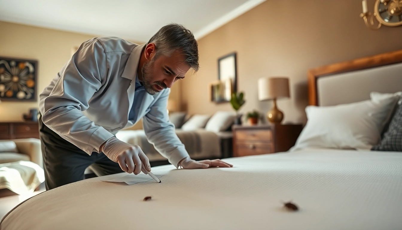 Expert performing bed bug treatment in a home environment demonstrating effective pest control.