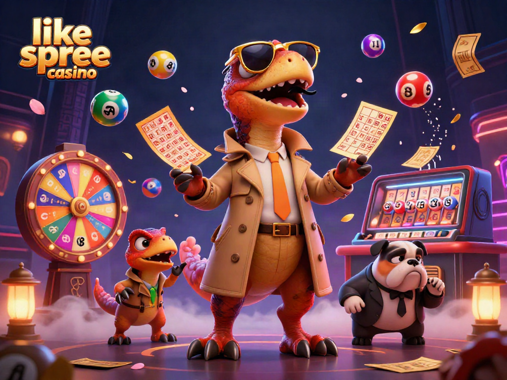 Experience thrilling gameplay like spree casino with vibrant lottery elements and cartoon raptors in a casino scene.