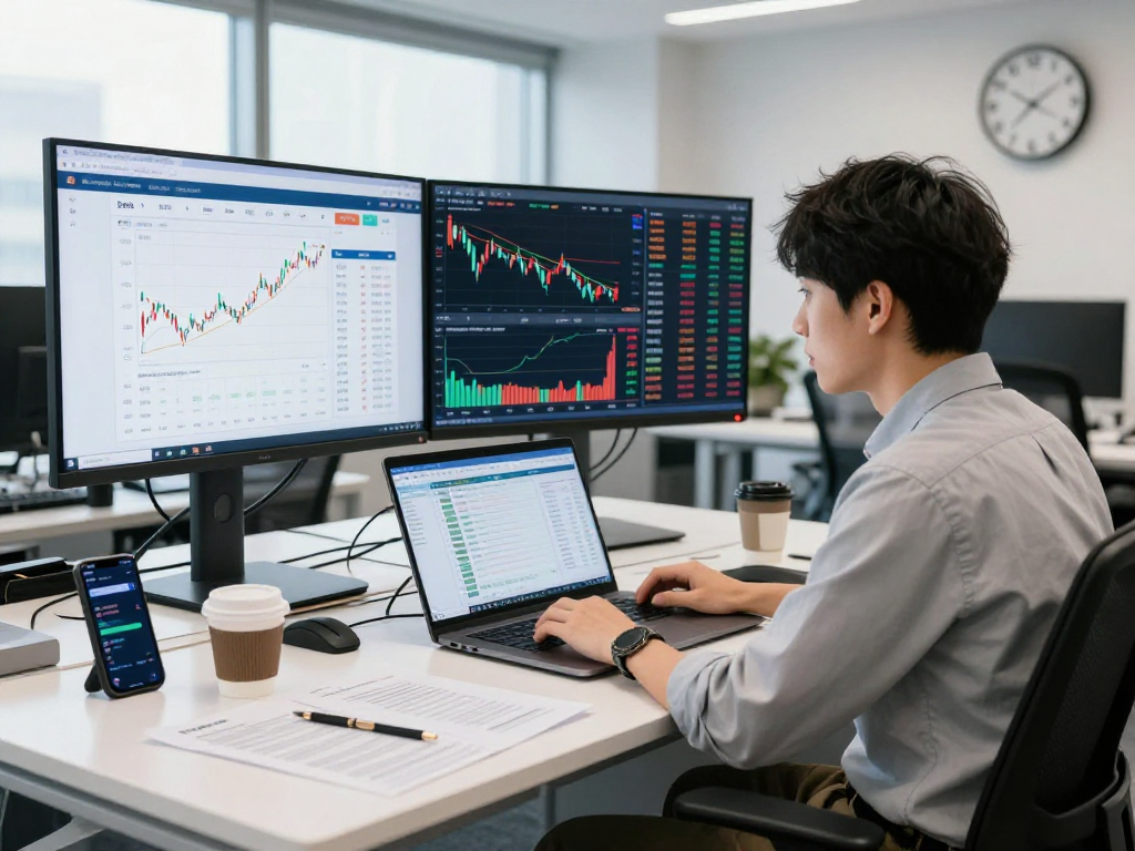 Japan quant stock trading API analysis in a modern trading office with real-time market data and financial charts.