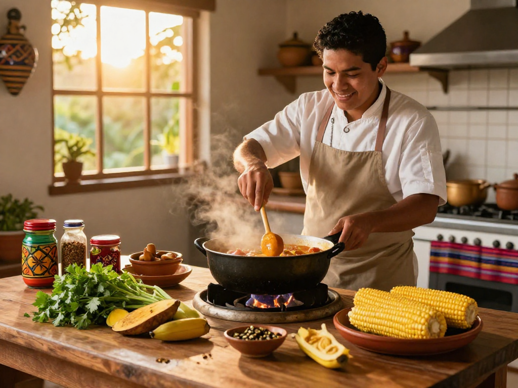 Delicious sancocho colombiano near me with fresh ingredients in a vibrant kitchen setting.