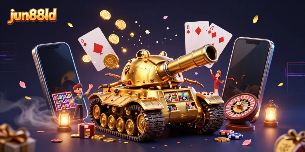 Experience thrilling gameplay at jun88ld with a vibrant casino scene featuring animated slot games and sparkling coins.