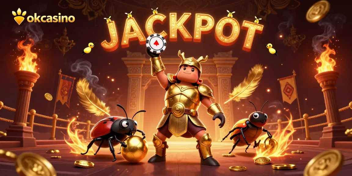 Experience the thrill of jokacasino with this vibrant 3D scene featuring beetles celebrating a jackpot.