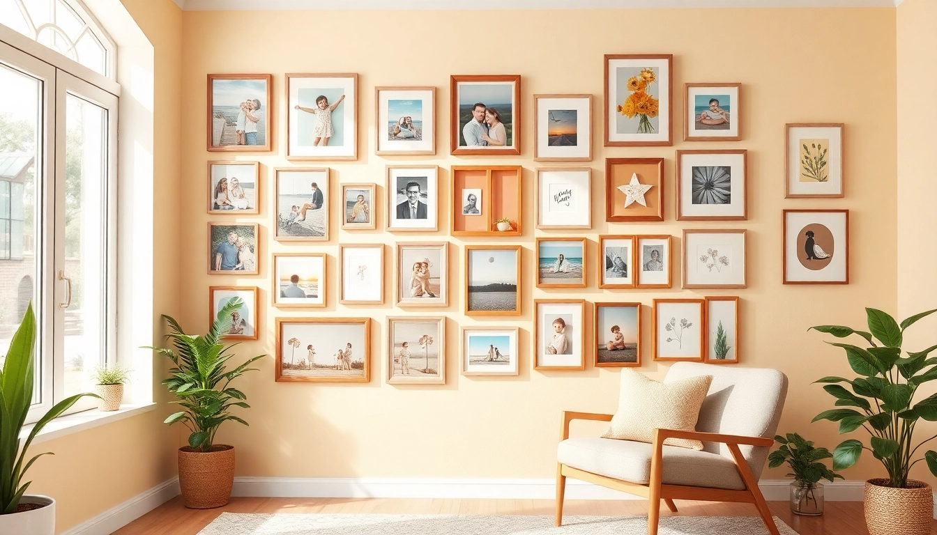 Creative photo wall filled with family photographs and artistic mementos