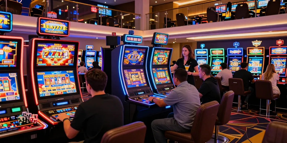 Area permainan LUXURY777 yang dinamis dengan pemain terlibat dan mesin slot berwarna-warni di kasino.