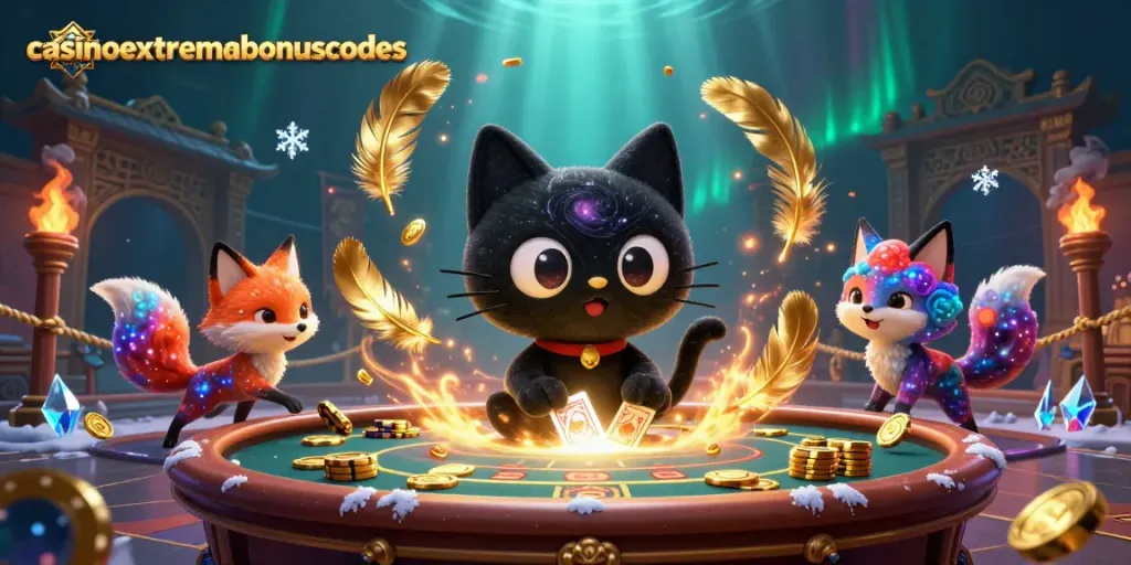 Catch thrilling action in casinoextremebonuscodes with a cosmic cat pulling in golden betting chips at a fantasy casino table.