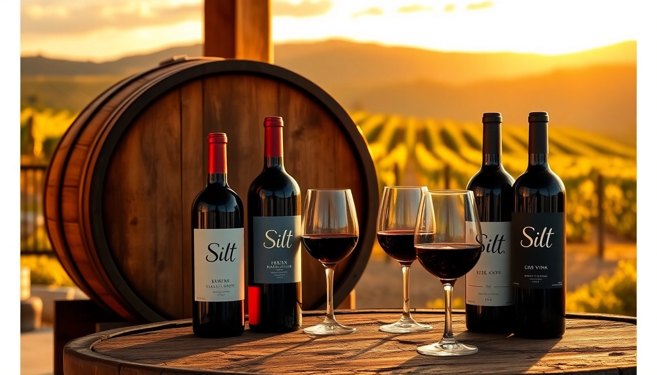 Buy Silt wine online featuring elegant bottle arrangement by rustic wine barrel.