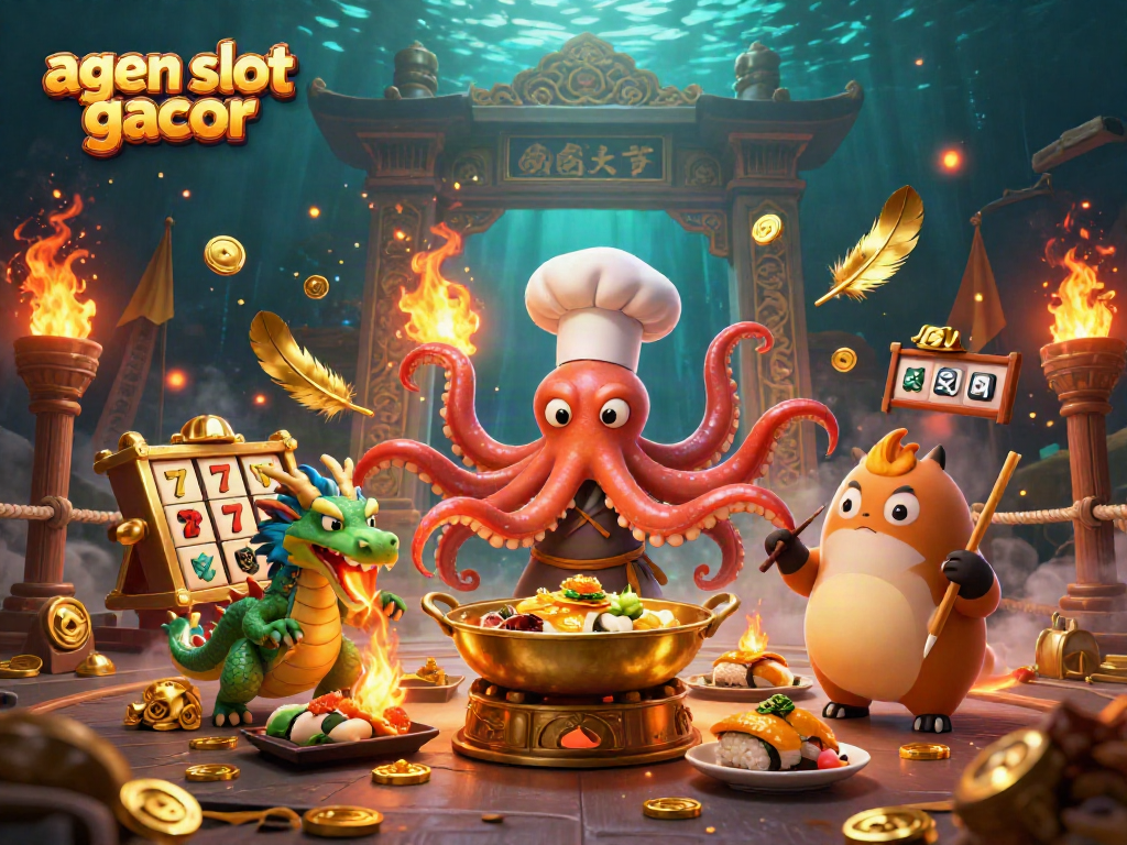 Experience the excitement of agen slot gacor with a dynamic scene of a sushi chef octopus, a fire-breathing dragon, and a tanuki in a casino atmosphere.
