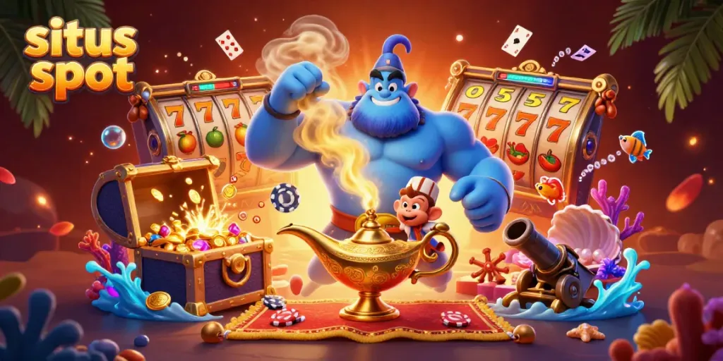 Ilustrasi 3D menarik di situs slot menampilkan lampu jin dengan genie biru, koin dan simbol keberuntungan.
