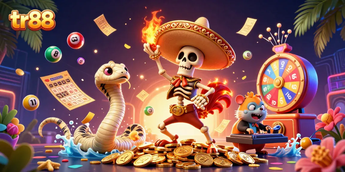 tr88 features a vibrant 3D illustration capturing the excitement of lottery and casino fun