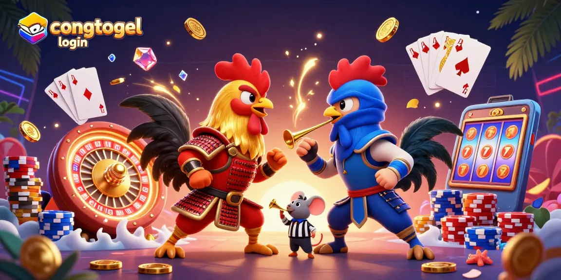 Engage with thrilling action at congtogel login, featuring dynamic roosters, a roulette wheel, and sparkling casino elements.