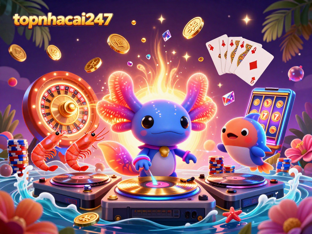 Experience thrilling gameplay with topnhacai247's vibrant 3D scene of a neon axolotl DJ and colorful casino elements.