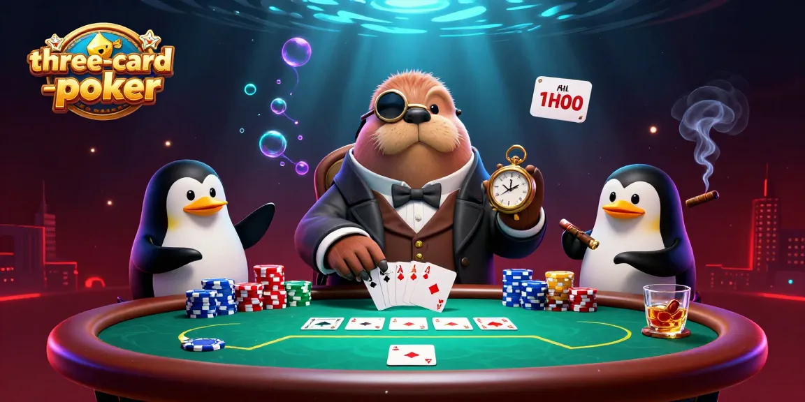 Experience three-card-poker excitement with walrus and friends at an underwater table.