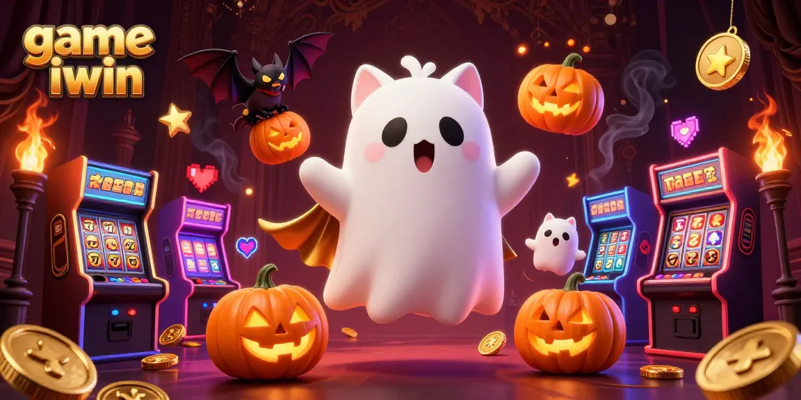 Engage with game iwin, featuring a ghost cat in a vibrant casino scene with slots and gaming elements.