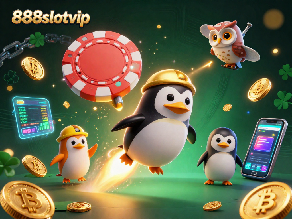 Experience thrilling games at 888slotvip with dynamic golden penguin amid crypto symbols.