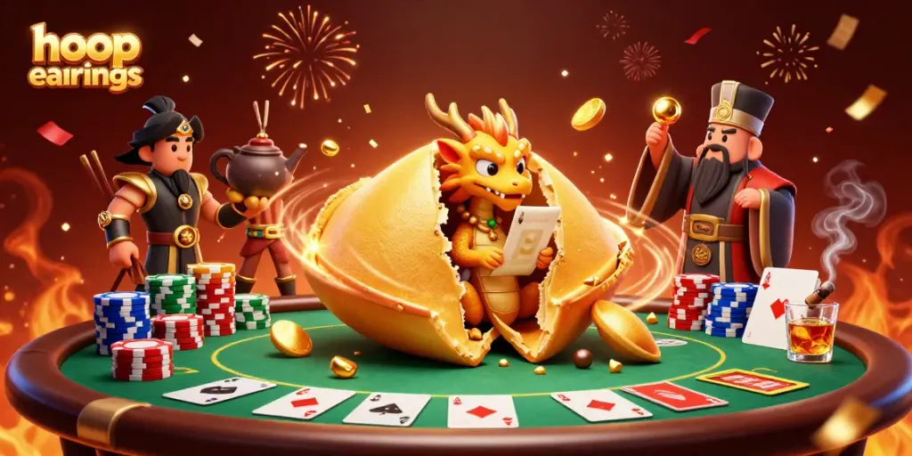 Gamblers examining stunning hoop earrings amidst a vibrant casino scene with poker elements.