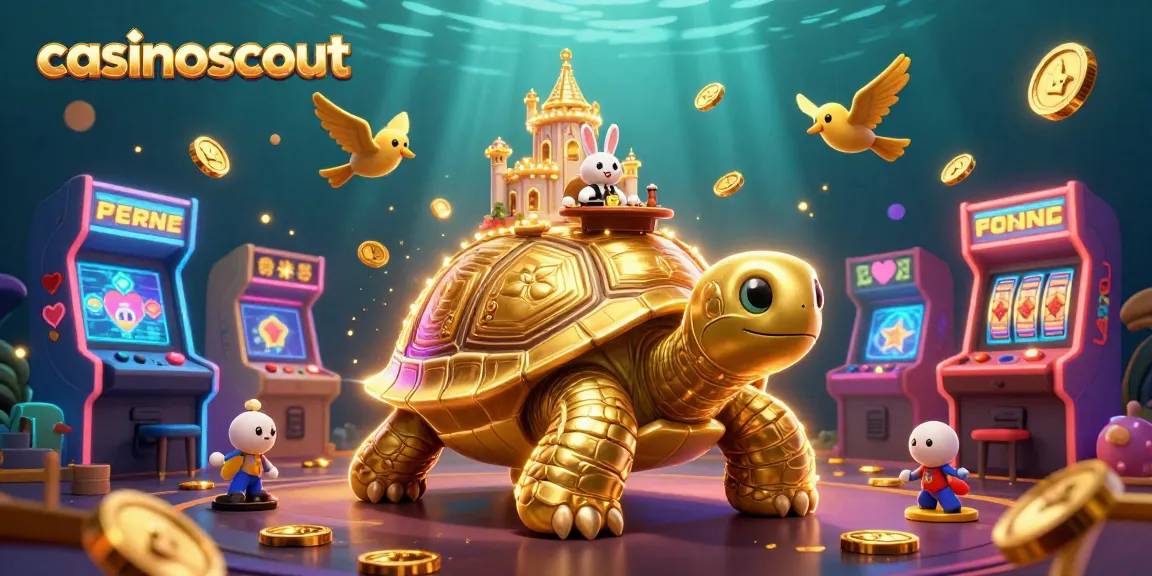 Play casino games and win with casinoscout's stunning 3D illustration featuring a golden tortoise and vibrant game elements.