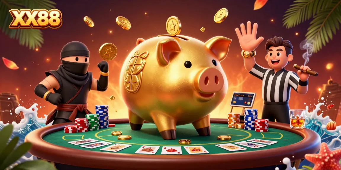 Winning at XX88 with a golden piggy bank, poker chips, and vibrant casino elements.