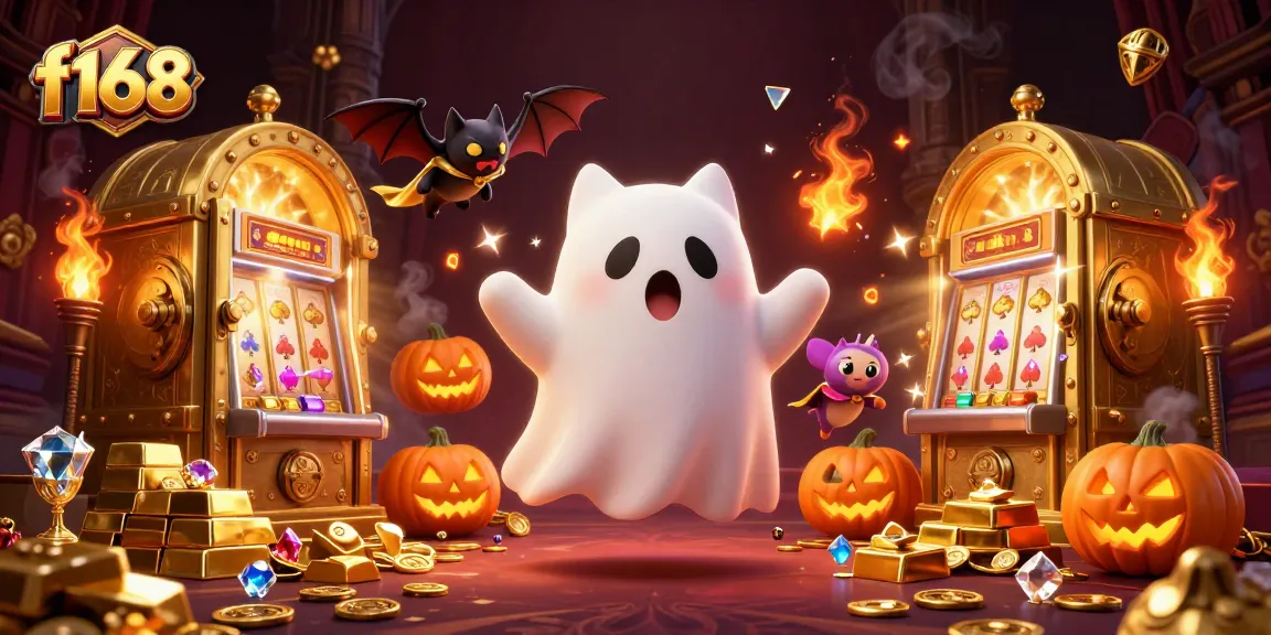 Experience the thrill of f168 gambling with a cartoon ghost cat and treasures in an exciting casino scene.