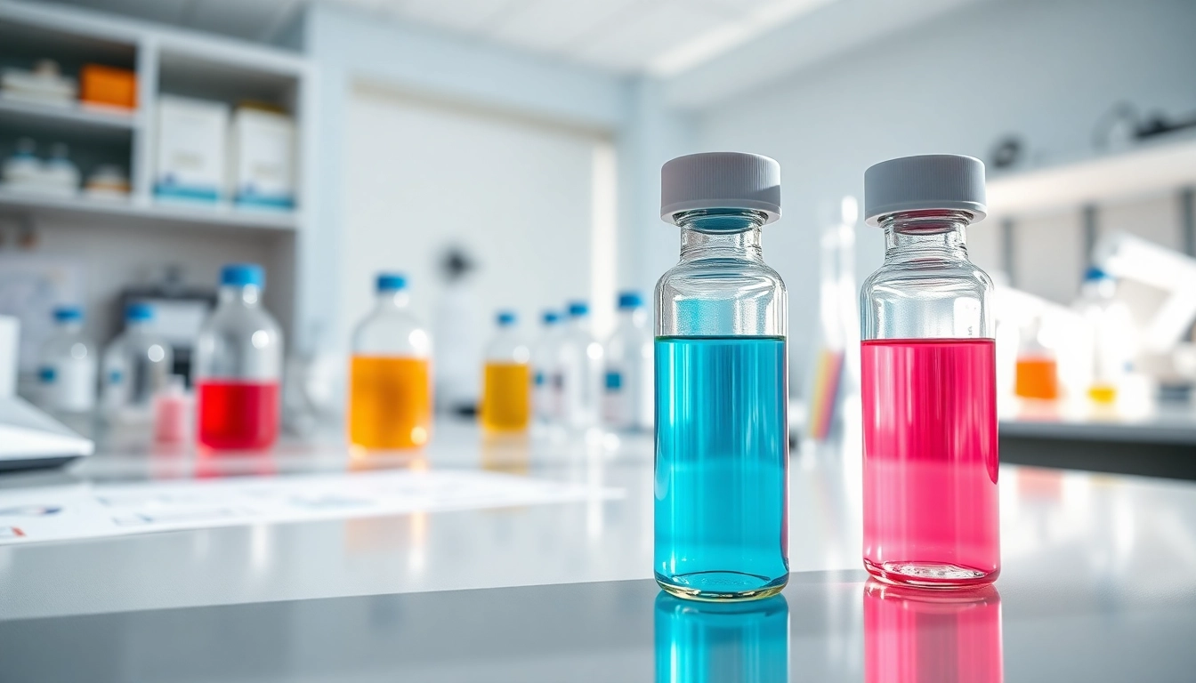 Showcasing klow peptide blend in a professional lab, highlighting vials and equipment.