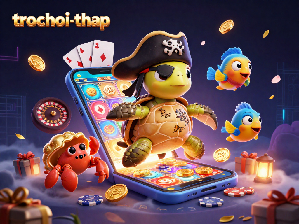 Engage in trochoi-thap, featuring vibrant characters and thrilling game elements amidst a treasure theme.