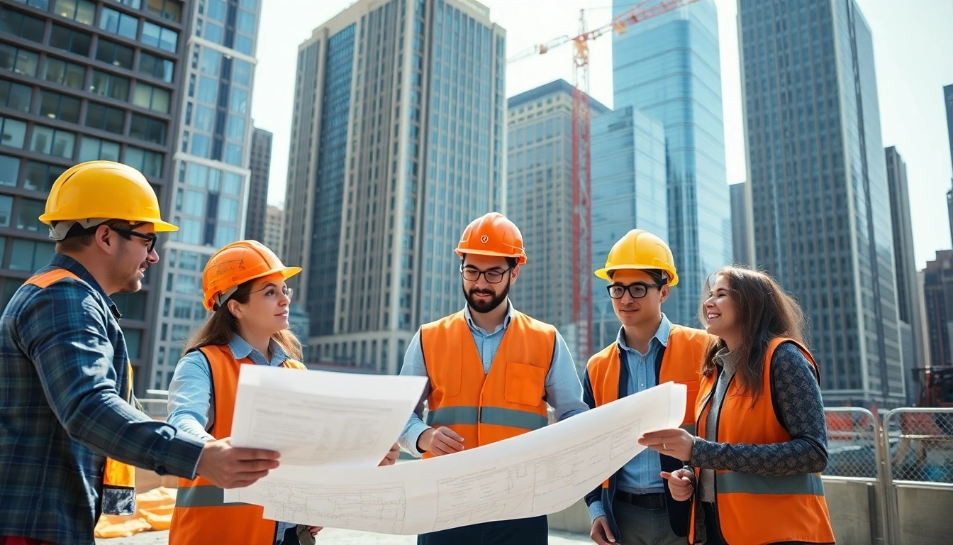 Team of New York City Commercial General Contractors collaborating on construction blueprints at a busy site.