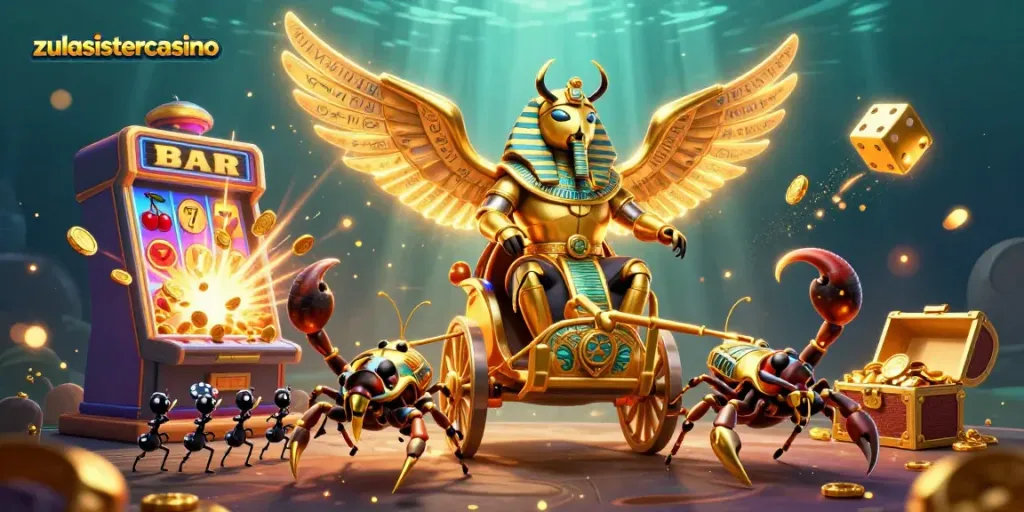 Win big at zulasistercasino with a vibrant scene of the colossal golden scarab and dynamic casino elements.