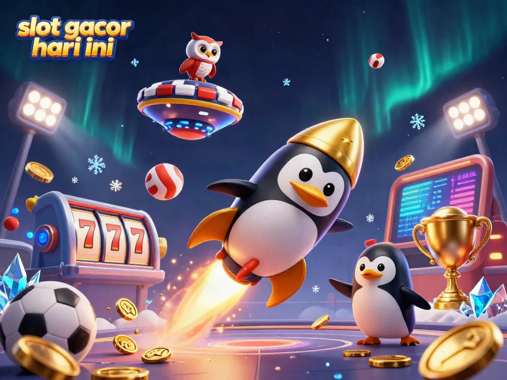 Menangi jackpot dengan slot gacor hari ini, ilustrasi penguin emas membawa koin di luar angkasa.