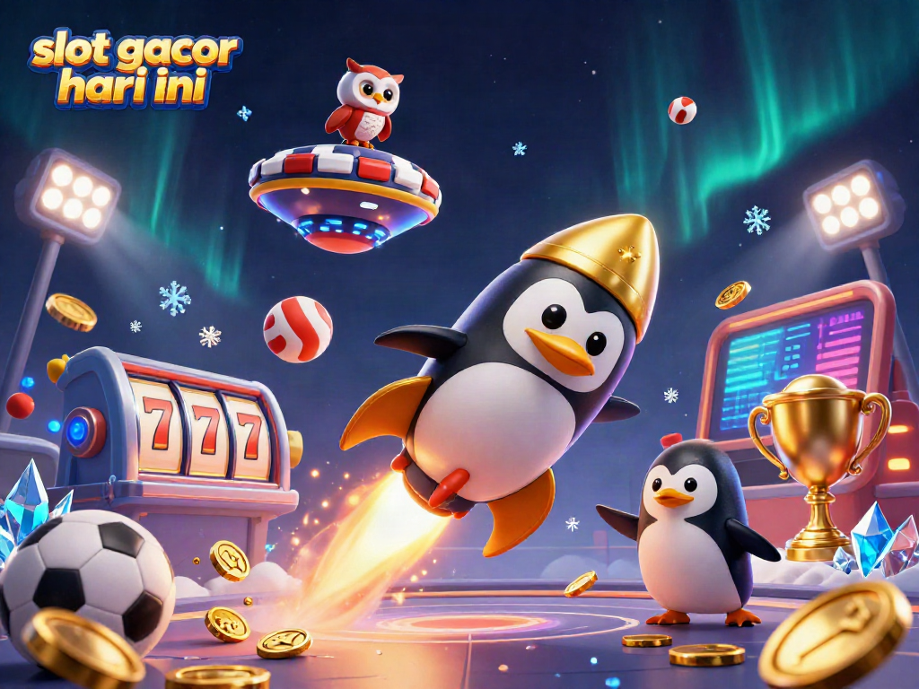 Menangi jackpot dengan slot gacor hari ini, ilustrasi penguin emas membawa koin di luar angkasa.