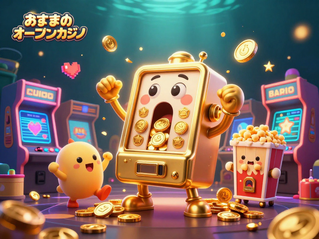 おすすめオンラインカジノのために、煌めく勝利を祝うスロットマシンたちの描写