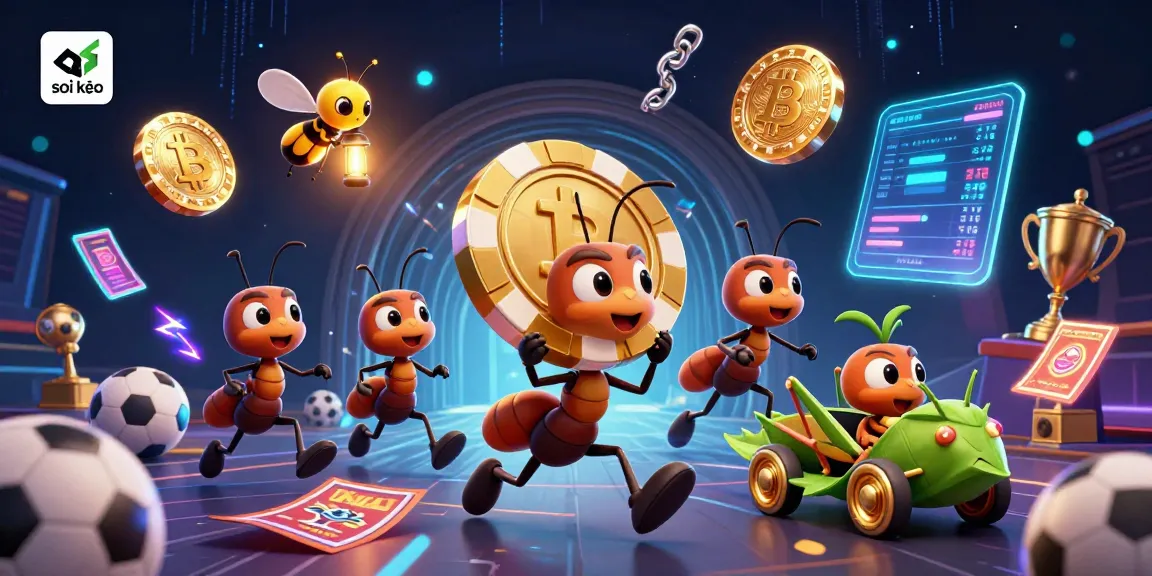Engage in soi kèo with this vibrant scene featuring a heist team of animated ants carrying a poker chip.