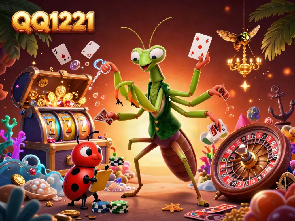 Engage in QQ1221 slots with a vibrant 3D illustration of a lively casino scene.