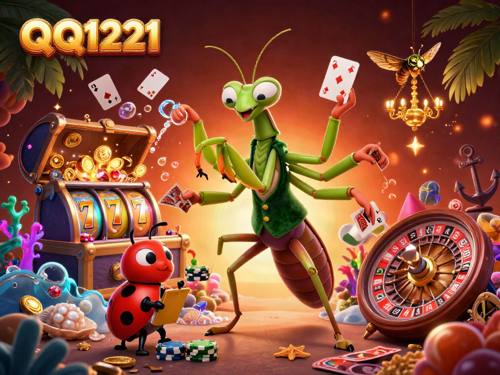 Engage in QQ1221 slots with a vibrant 3D illustration of a lively casino scene.
