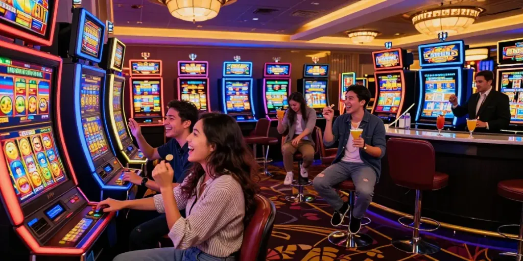 Friends enjoying slot gacor machines in a vibrant casino, celebrating the thrilling gaming experience.
