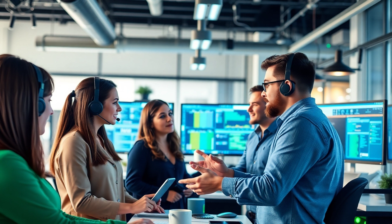 IT support businesses team collaborating in a modern office setting with technology.