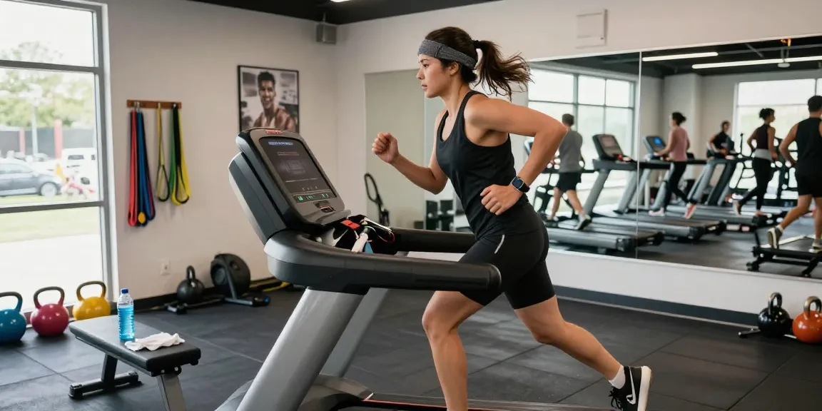 Somatrop Steroid Shop fitness scene with athlete sprinting on treadmill in modern gym.