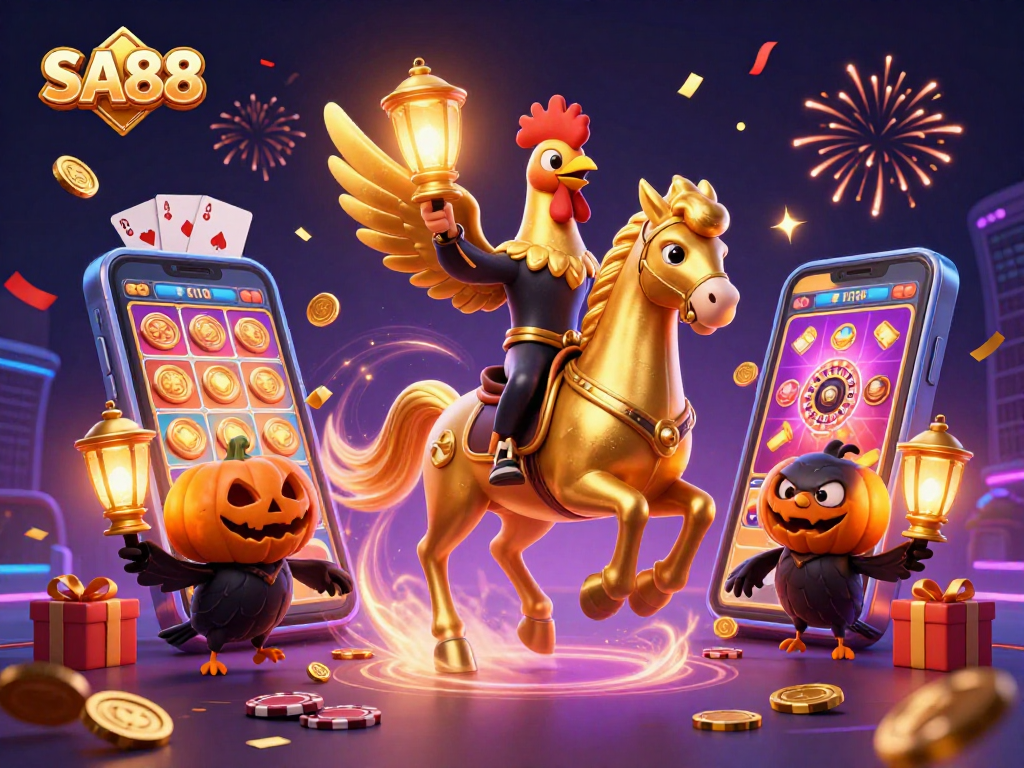 Engage in thrilling gameplay at SA88 with vibrant casino elements, golden rooster, and captivating visuals.
