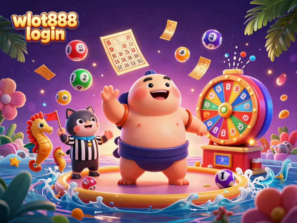 Menangkan peluang dengan wslot888 login, sambil menikmati dekorasi kasino digital yang menarik dengan ikan fugu dan elemen lotere.
